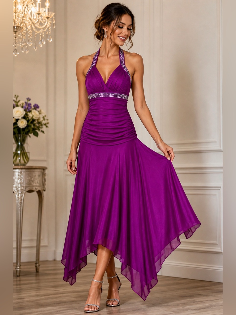 Dressbarn Collection Purple Rhinestone Halter Formal Dress Size 8